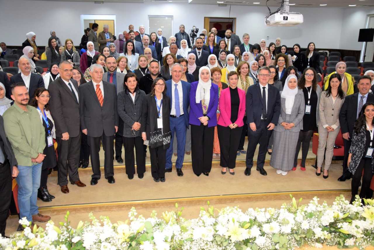 Minister of Social Development Wafaa Bani Mustafa and guests pose for a photo during the International Conference on Civil Society Organisations and Equality between Women and Men in the Digital Age on Tuesday (Petra photo)